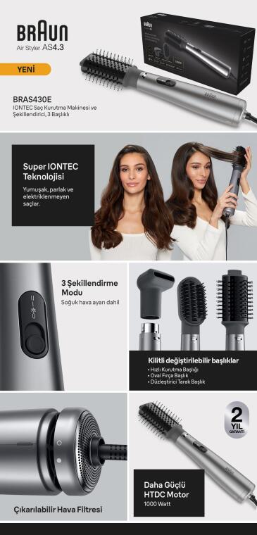 Braun BRAS430E Air Styler 4.3 IONTEC Saç Kurutma Makinesi ve Şekillendirici, 3 Başlıklı