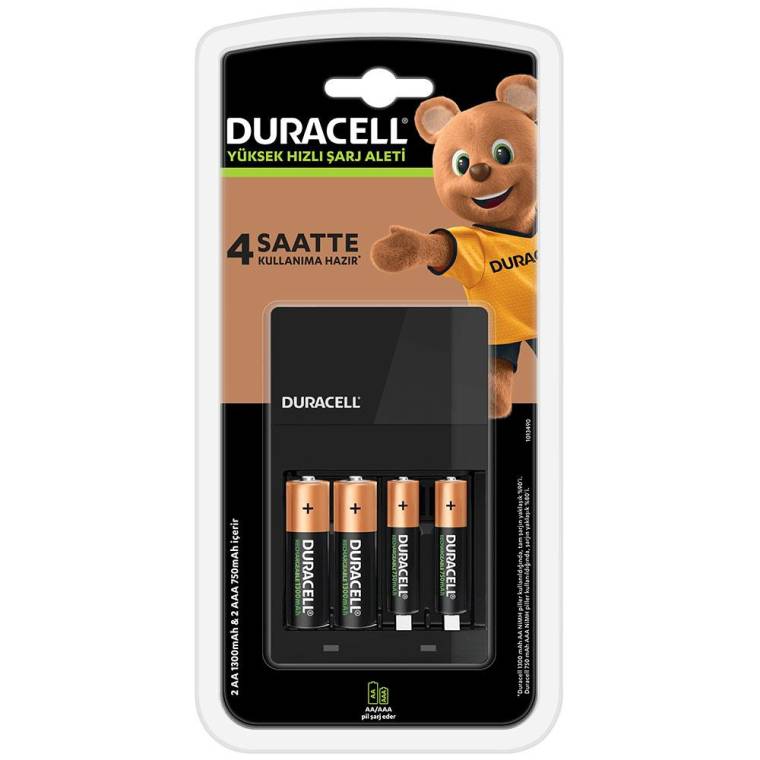Duracell CEF 14 Şarj Aleti + 2'şer adet AA ve AAA Pil (Duracell 4 saat Şarj Cihazı, 1 adet)