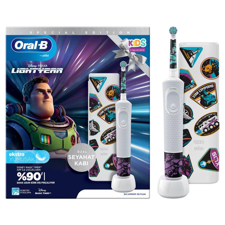 Oral-B D100 Vitality Lightyear Özel Seri Çocuklar İçin Ekstra Yumuşak Şarj Edilebilir Diş Fırçası + Seyahat Kabı