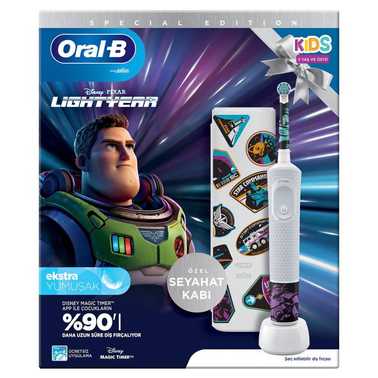 Oral-B D100 Vitality Lightyear Özel Seri Çocuklar İçin Ekstra Yumuşak Şarj Edilebilir Diş Fırçası + Seyahat Kabı