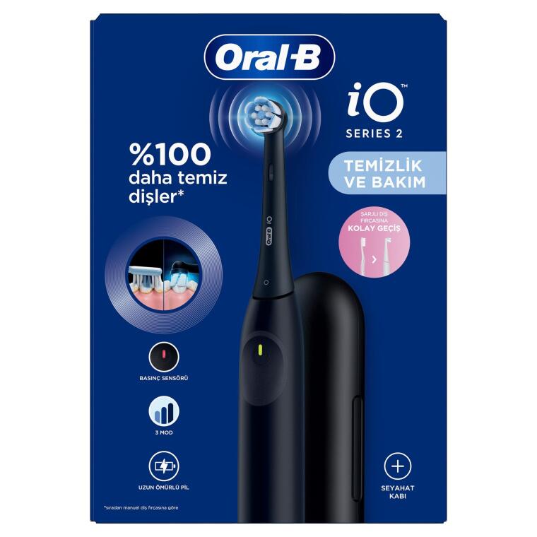 Oral-B iO2 Siyah Şarjlı/Elektrikli Diş Fırçası, 1 Fırça Başlığı, Tek Şarjda 4 Haftaya Varan Kullanım, Seyahat Kabı