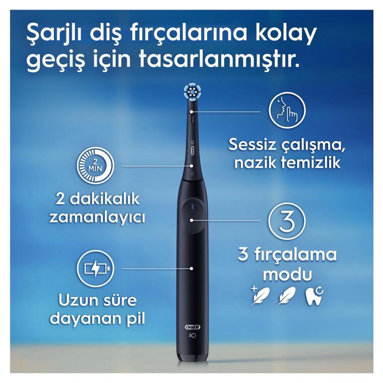 Oral-B iO2 Siyah Şarjlı/Elektrikli Diş Fırçası, 1 Fırça Başlığı, Tek Şarjda 4 Haftaya Varan Kullanım, Seyahat Kabı