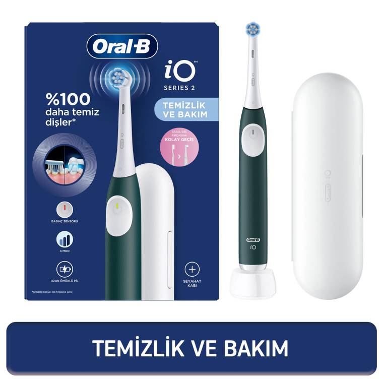 Oral-B iO2 Orman Yeşili Şarjlı/Elektrikli Diş Fırçası, 1 Fırça Başlığı, Tek Şarjda 4 Haftaya Varan Kullanım, Seyahat Kabı