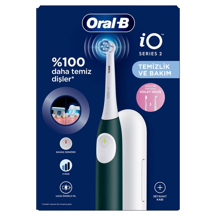Oral-B iO2 Orman Yeşili Şarjlı/Elektrikli Diş Fırçası, 1 Fırça Başlığı, Tek Şarjda 4 Haftaya Varan Kullanım, Seyahat Kabı