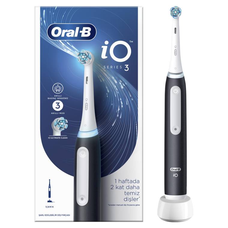 Oral-B iO3 Siyah Şarjlı/Elektrikli Diş Fırçası, 1 Fırça Başlığı, Uzun Ömürlü Pil