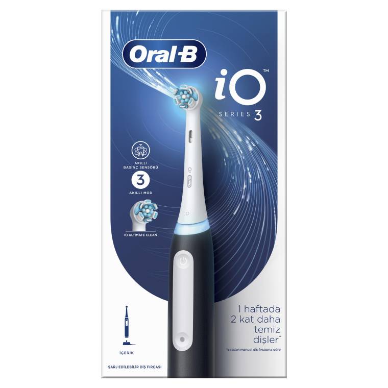Oral-B iO3 Siyah Şarjlı/Elektrikli Diş Fırçası, 1 Fırça Başlığı, Uzun Ömürlü Pil