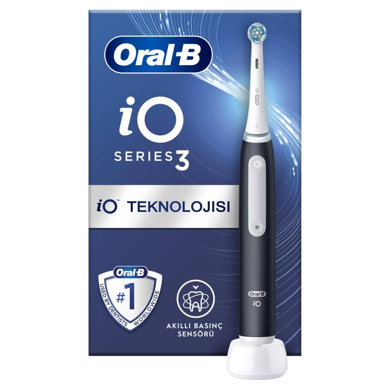 Oral-B iO3 Siyah Şarjlı/Elektrikli Diş Fırçası, 1 Fırça Başlığı, Uzun Ömürlü Pil