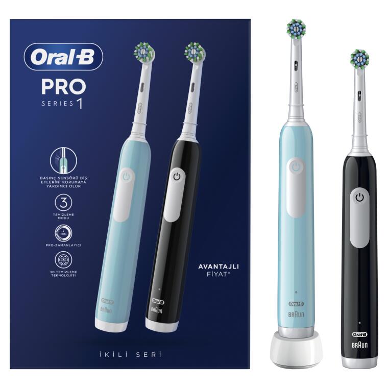Oral-B Pro Series 1 İkili Paket, Siyah ve Mavi Şarjlı Diş Fırçaları