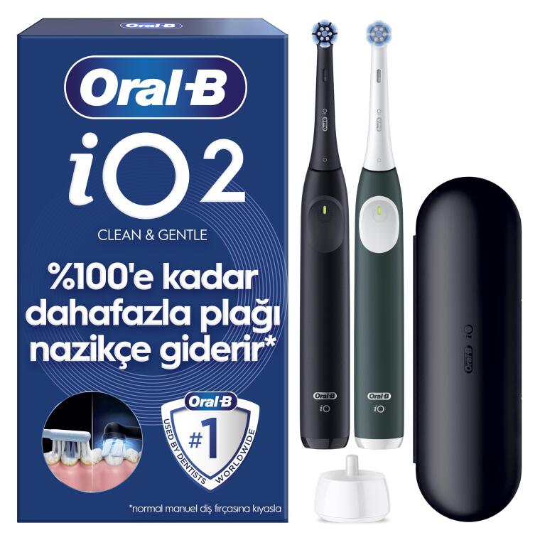 Oral-B iO2 Şarjlı/Elektrikli Diş Fırçası, 2'li Set, Siyah & Orman Yeşili, 2 Fırça Başlığı, Seyahat Kabı